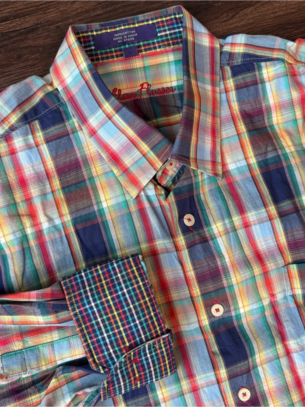Alan Flusser Shirt Mens XL Plaid Long Sleeve Button Up Contrasting Flip Cuff